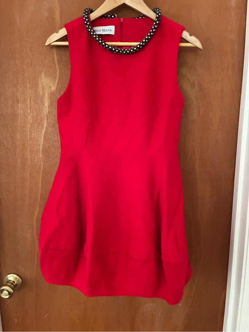 MaxMara Red Sleeveless Midi Dress with Embellished Collar